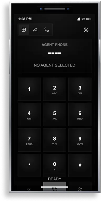 Corporate Suite Agent Phone interface with contacts, calls, and keypad