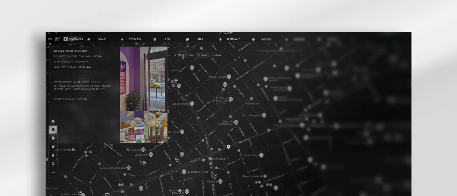 Space dashboard combining structured records, media, and location context