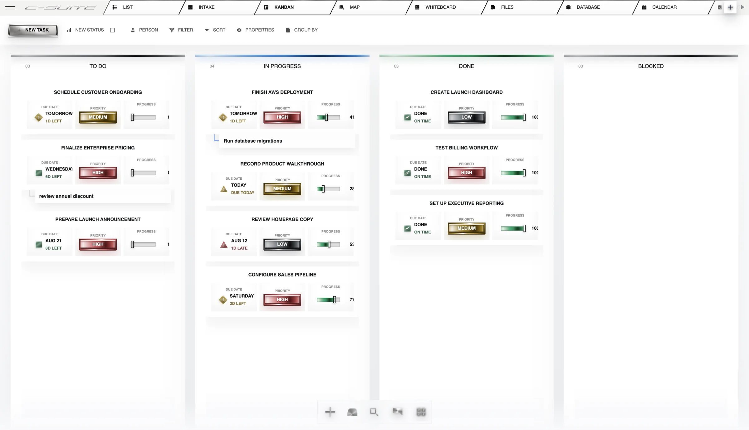 Corporate Suite launch tasks arranged across a Kanban board