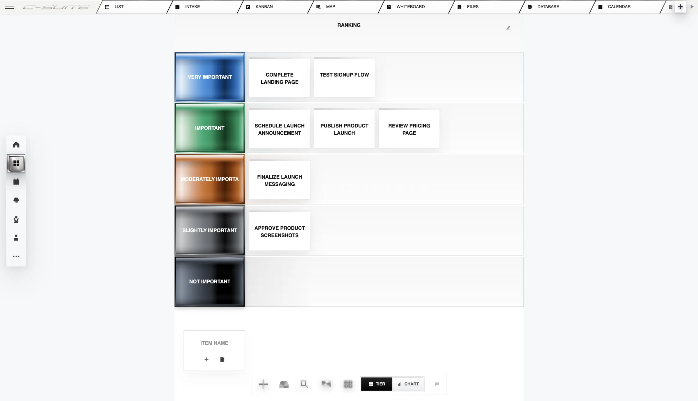 Corporate Suite launch priorities organized in a ranking tier list