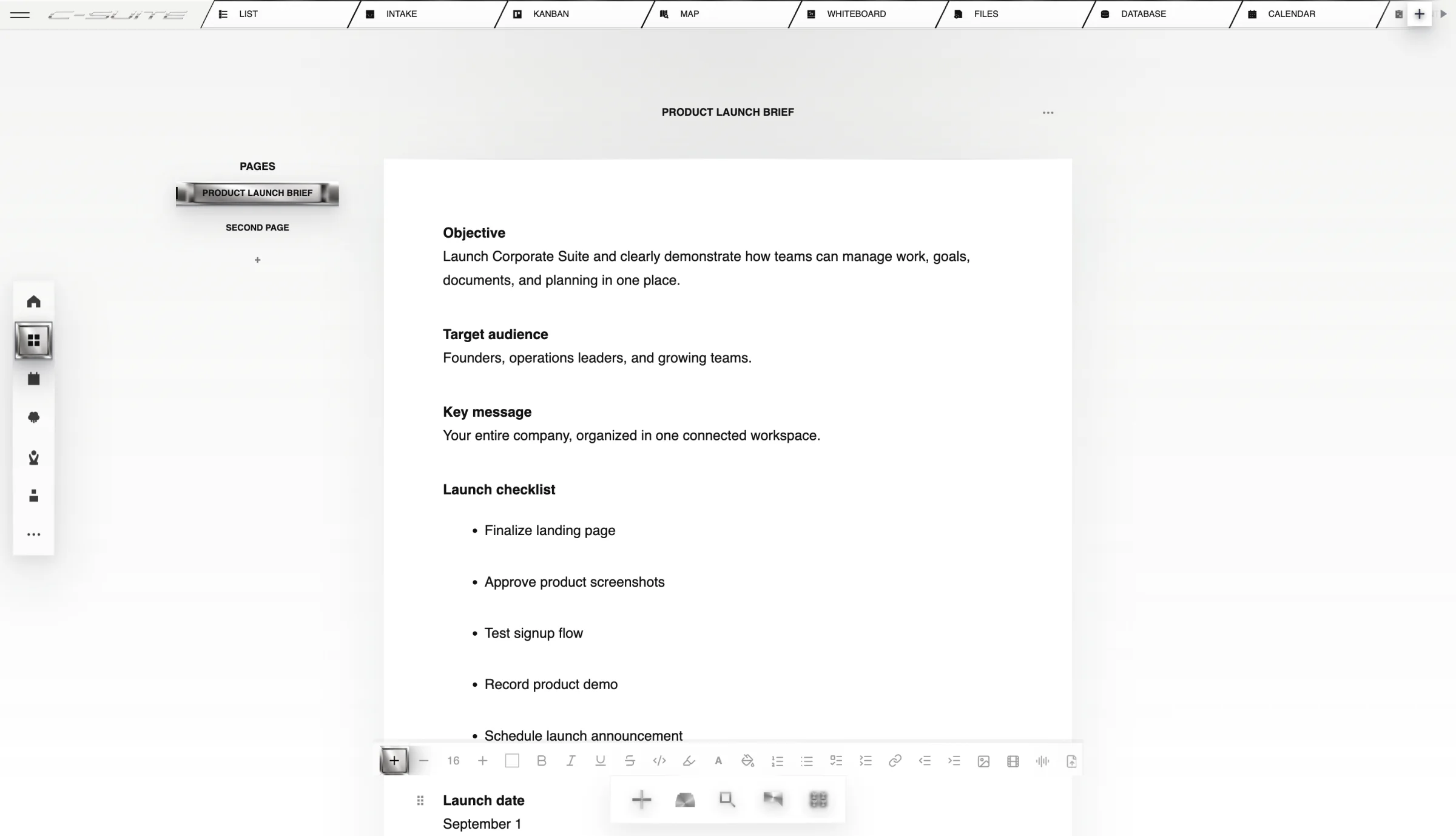 Corporate Suite document containing a product launch brief