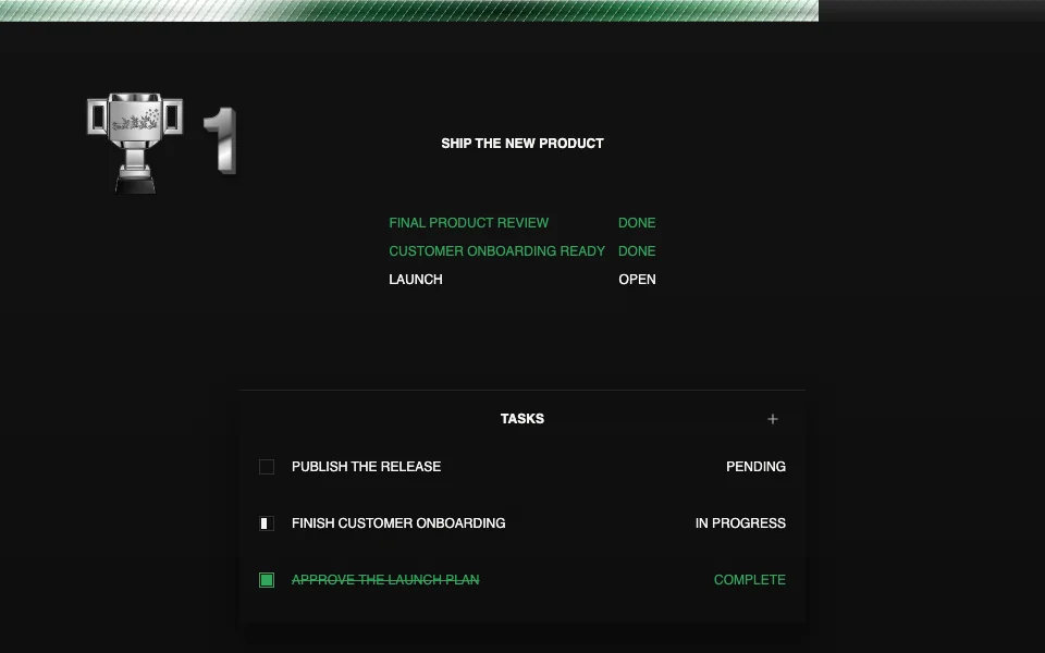A Corporate Suite goal record in dark mode showing its owner, dates, and target