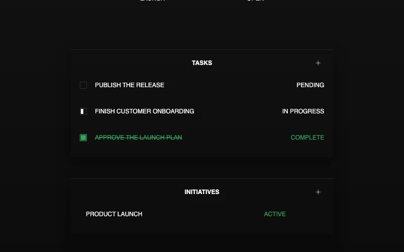 A Corporate Suite goal record in dark mode showing the tasks behind the outcome