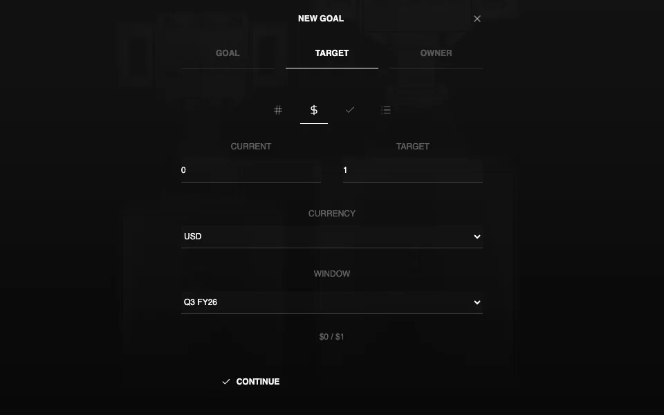 Corporate Suite Goals in dark mode with a currency target