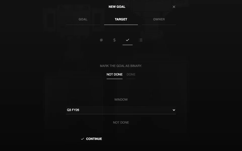 Corporate Suite Goals in dark mode with a done target