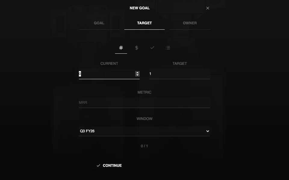 Corporate Suite Goals in dark mode with a number target