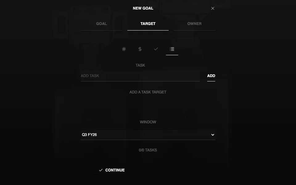 Corporate Suite Goals in dark mode with a task target