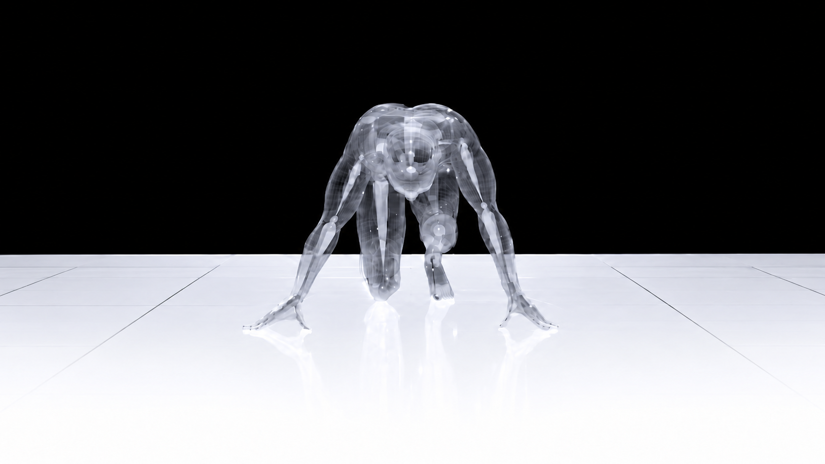 Transparent silver robot poised to sprint
