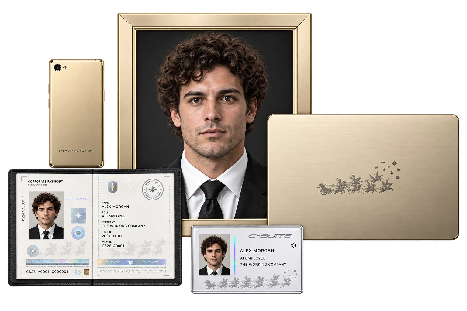 AI employee portrait with a gold phone, laptop, corporate passport and employee card
