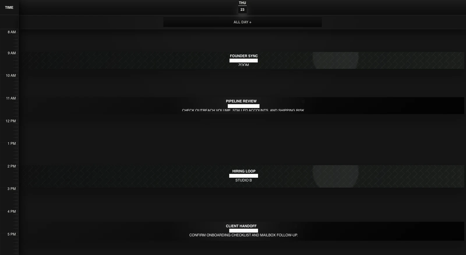 Corporate Suite Planner in dark mode showing a focused day