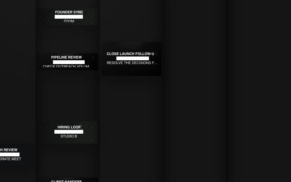 Corporate Suite Planner in dark mode showing meetings and work sessions later in the week