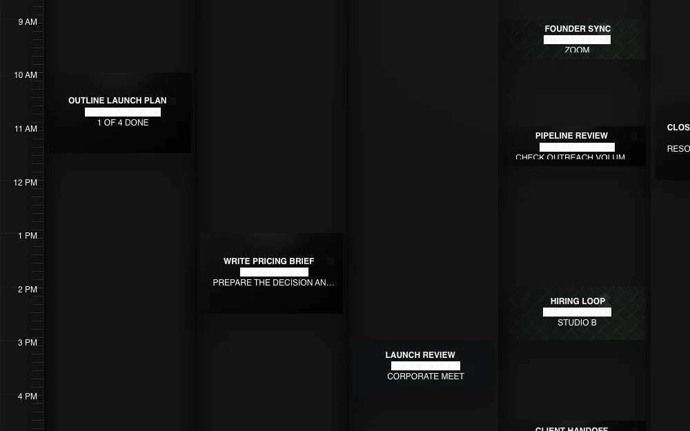Corporate Suite Planner in dark mode showing scheduled work early in the week