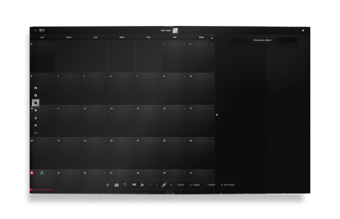 Corporate Suite Planner in dark mode showing the company calendar